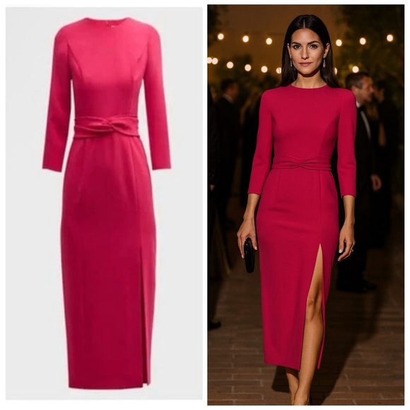 CAROLINA HERRERA Pink Crepe Midi Dress 4 Slit Cocktail Party Wedding Guest new - Picture 1 of 16